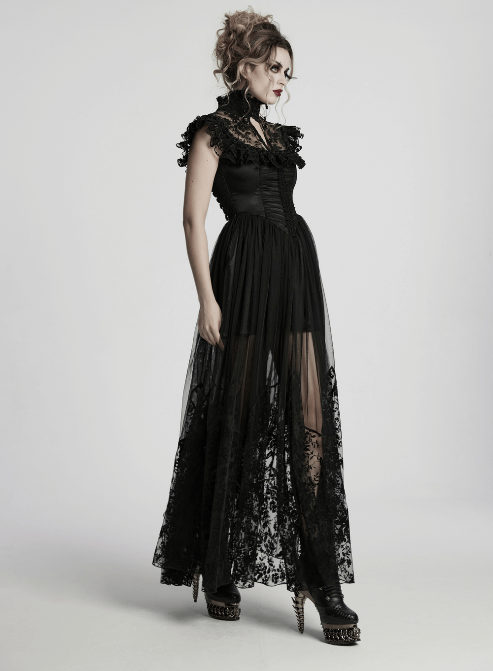 Black Lace Gothic Mesh Dress with Ruffle Sleeves