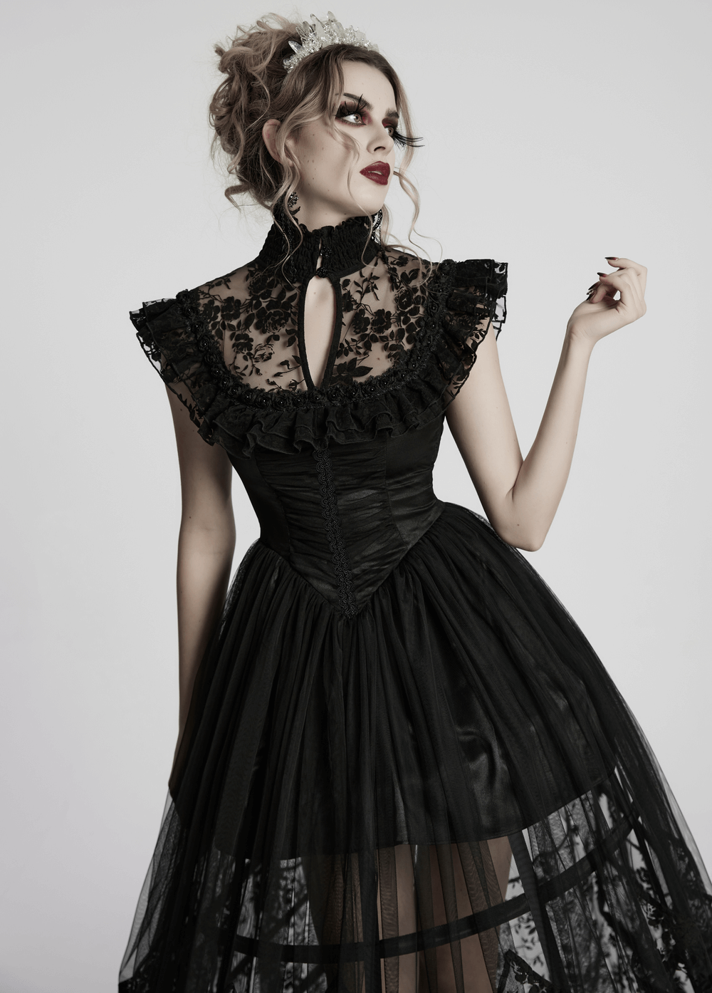 Black Lace Gothic Mesh Dress with Ruffle Sleeves