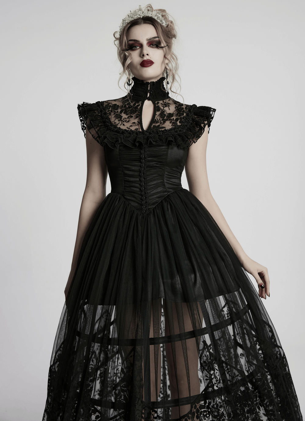 Black Lace Gothic Mesh Dress with Ruffle Sleeves