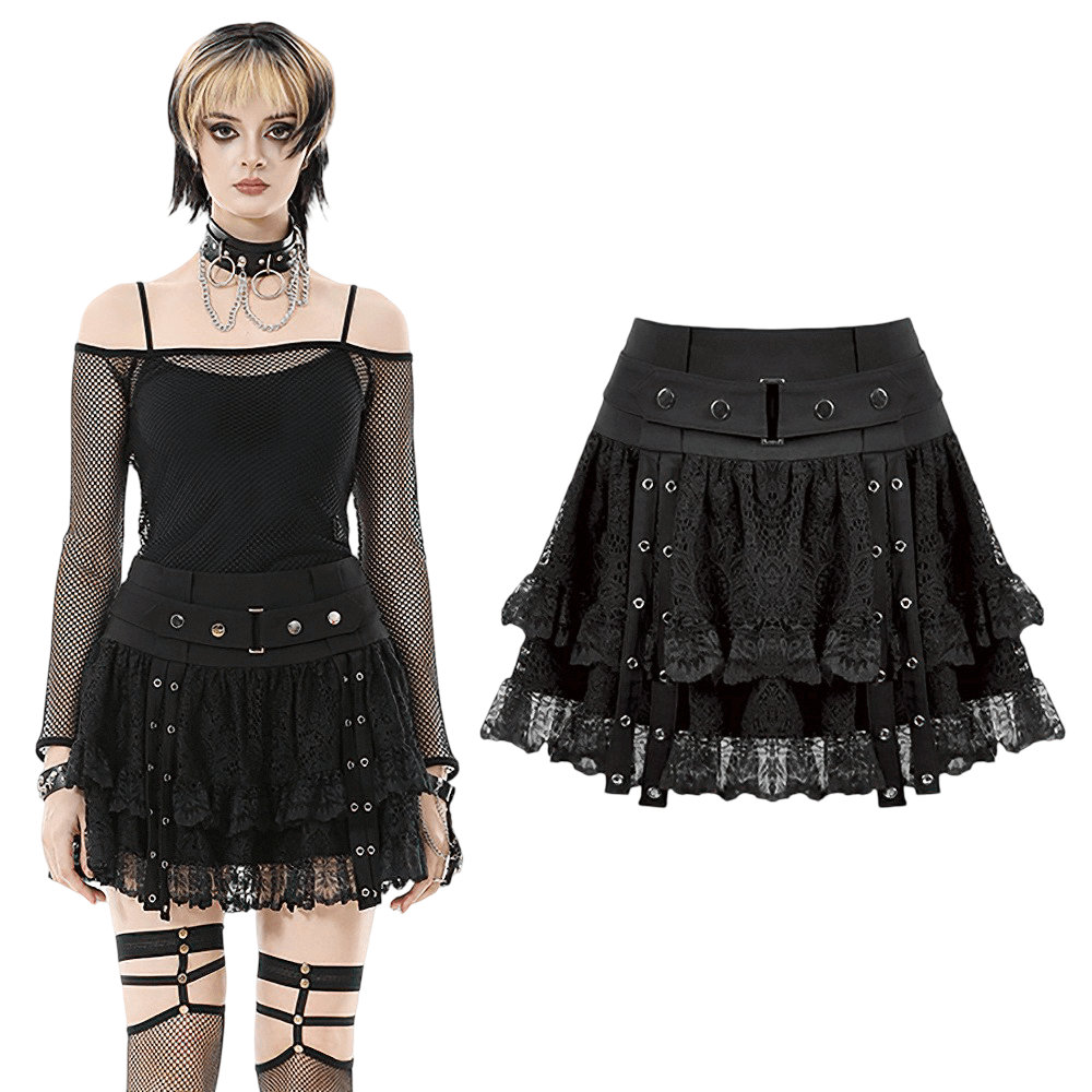 Black Lace Mini Skirt with Straps and Layered Ruffles