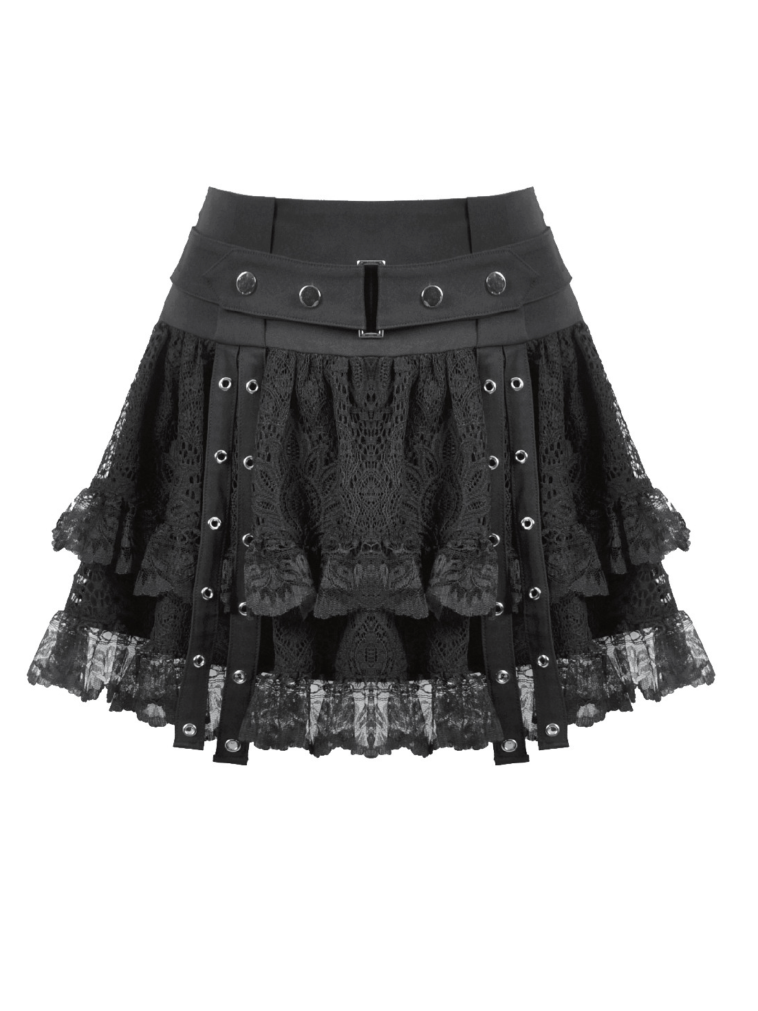 Black Lace Mini Skirt with Straps and Layered Ruffles