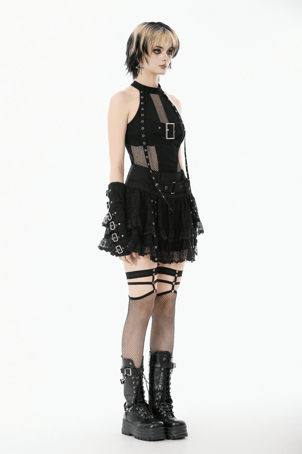 Black Lace Mini Skirt with Straps and Layered Ruffles