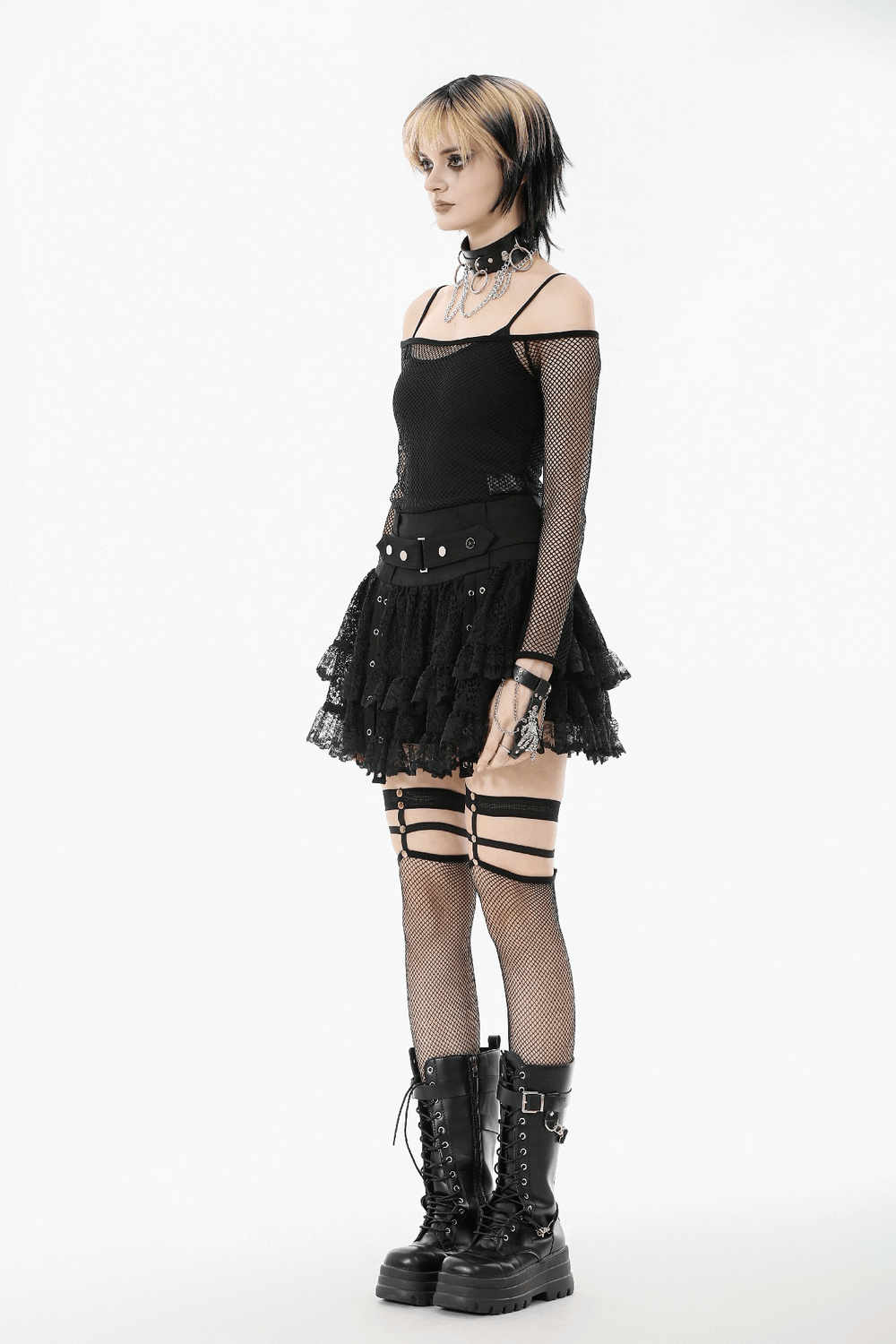 Black Lace Mini Skirt with Straps and Layered Ruffles