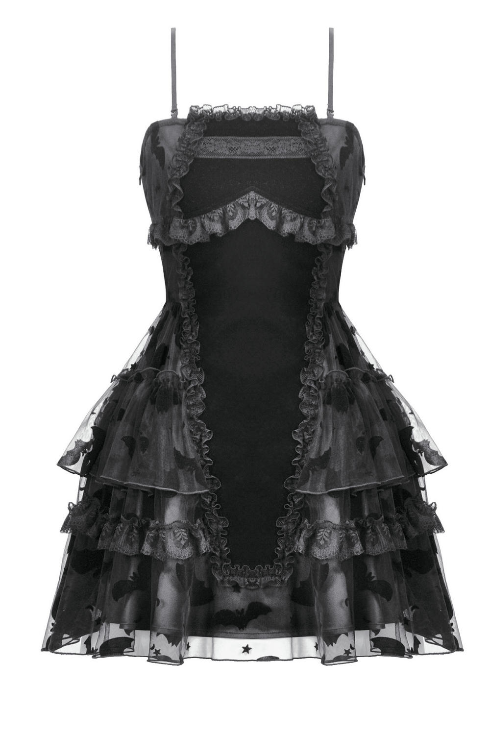 US SALE of Black Lace Ruffled Gothic Dress with Bat Print and Lace-Up