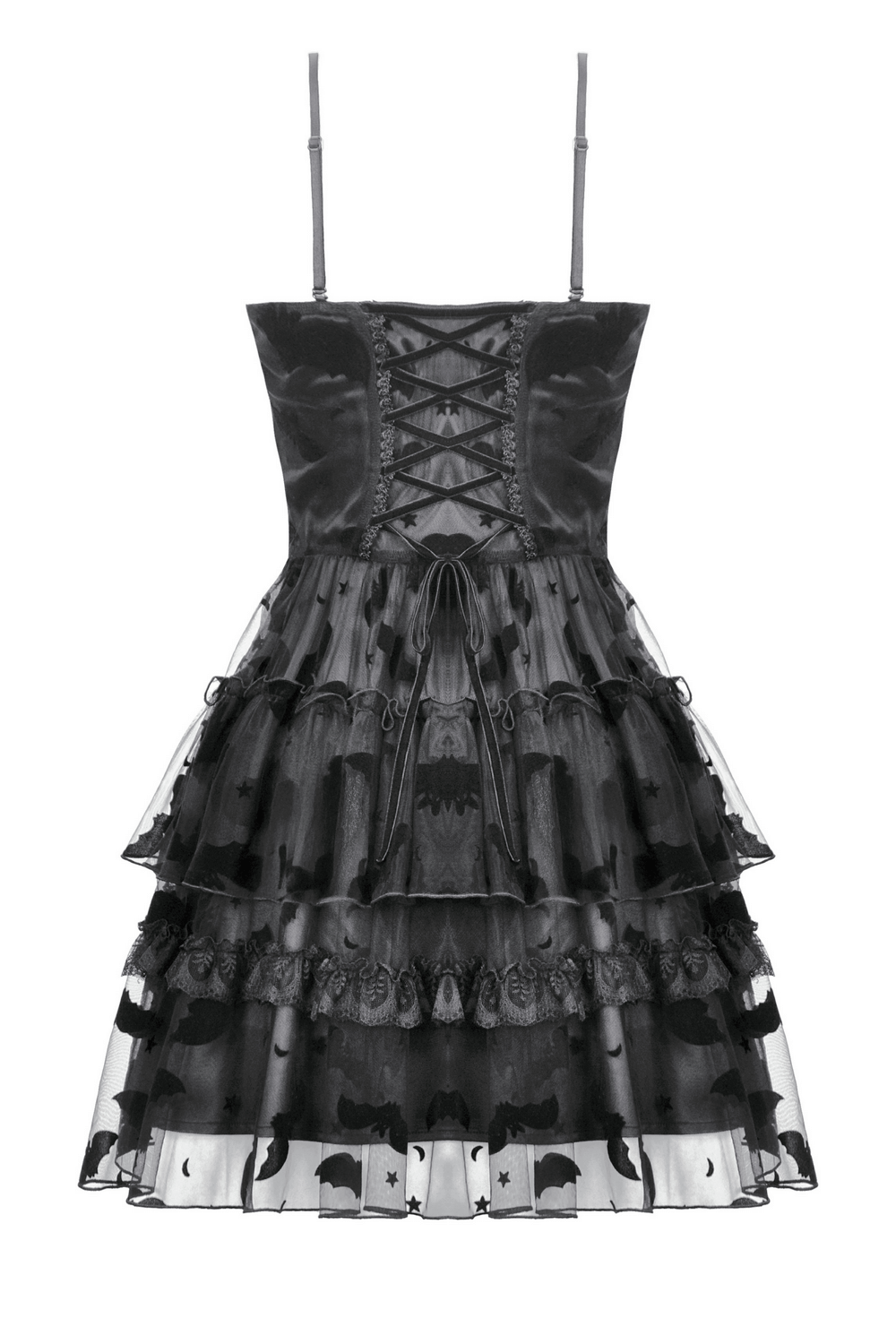 US SALE of Black Lace Ruffled Gothic Dress with Bat Print and Lace-Up