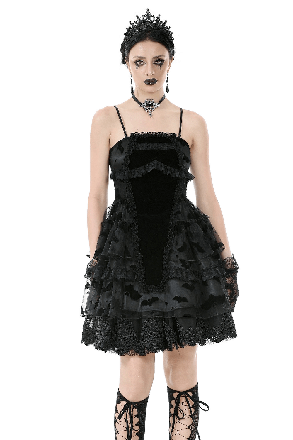 US SALE of Black Lace Ruffled Gothic Dress with Bat Print and Lace-Up
