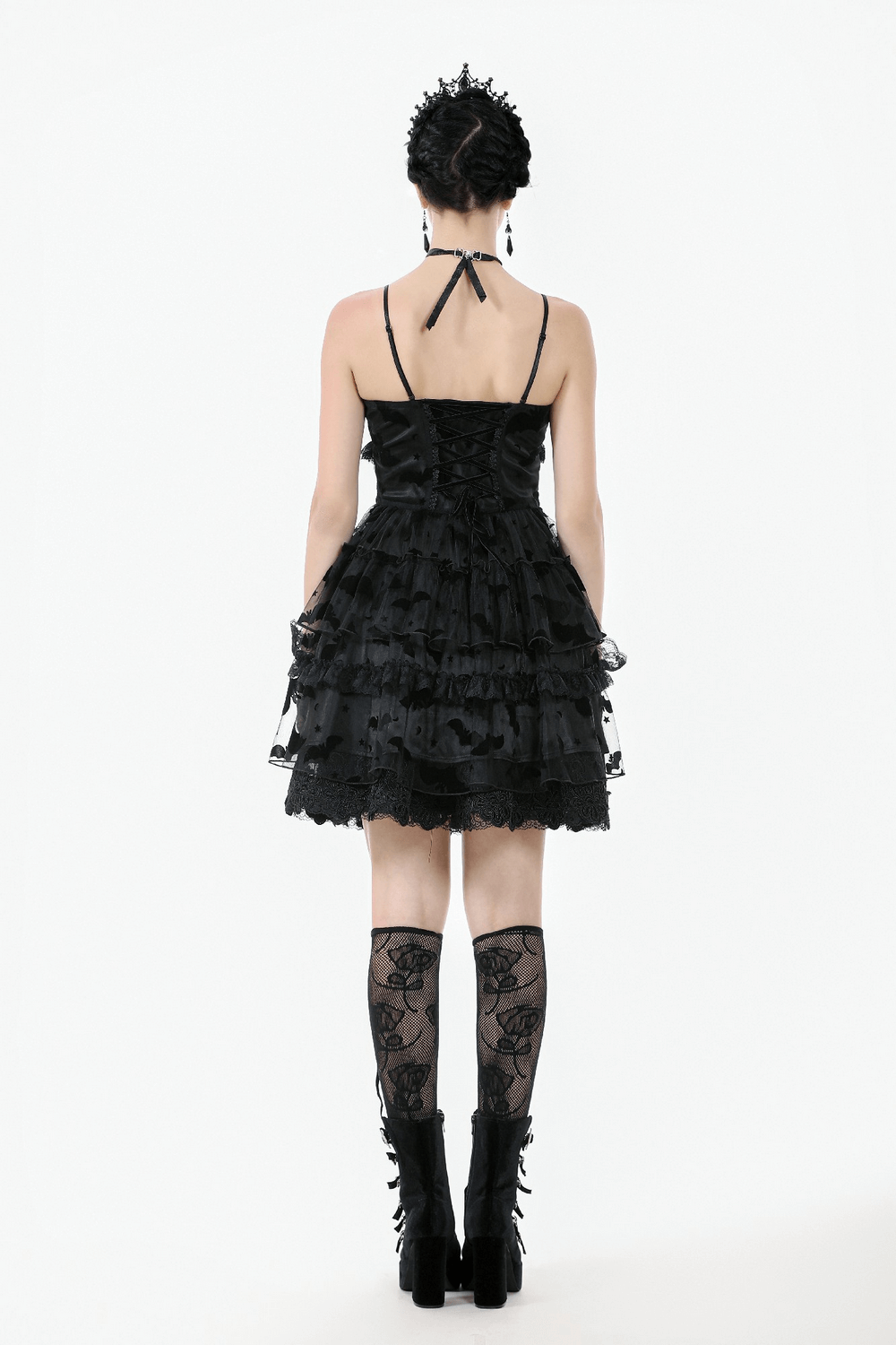US SALE of Black Lace Ruffled Gothic Dress with Bat Print and Lace-Up