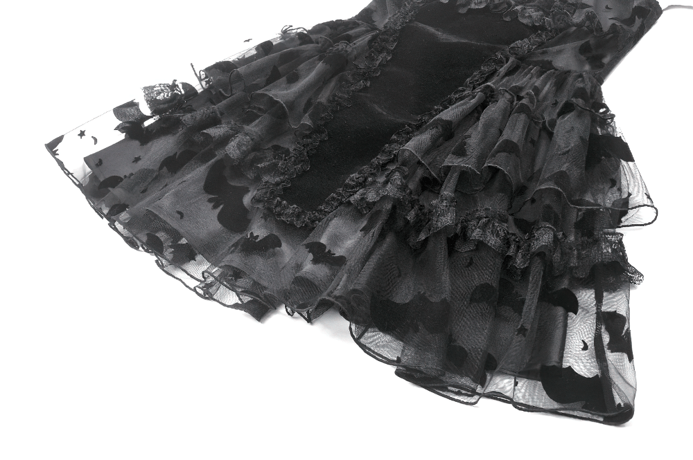 US SALE of Black Lace Ruffled Gothic Dress with Bat Print and Lace-Up