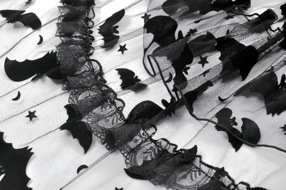 US SALE of Black Lace Ruffled Gothic Dress with Bat Print and Lace-Up