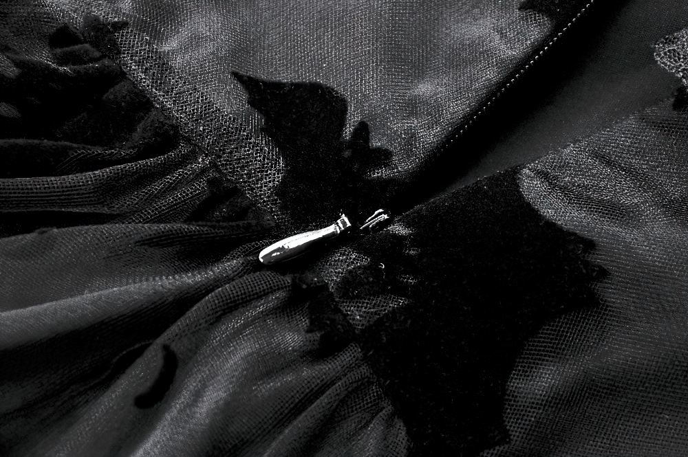 US SALE of Black Lace Ruffled Gothic Dress with Bat Print and Lace-Up