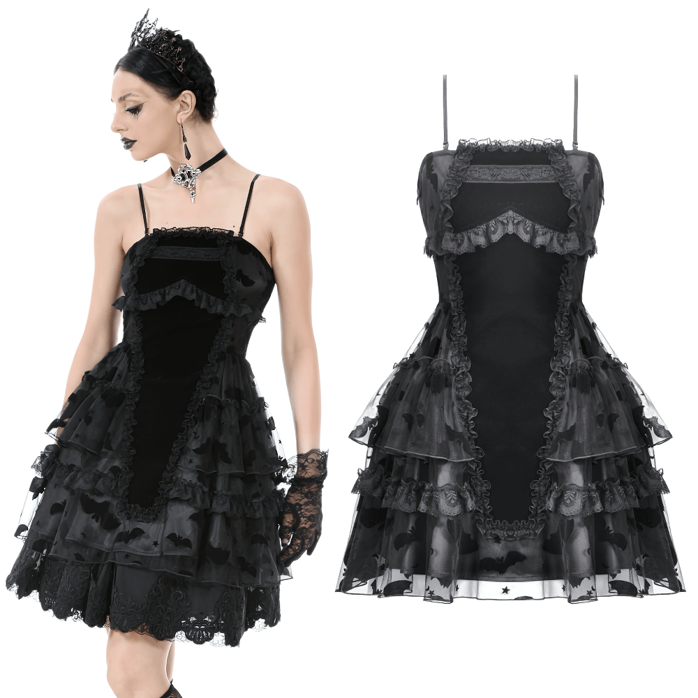 US SALE of Black Lace Ruffled Gothic Dress with Bat Print and Lace-Up
