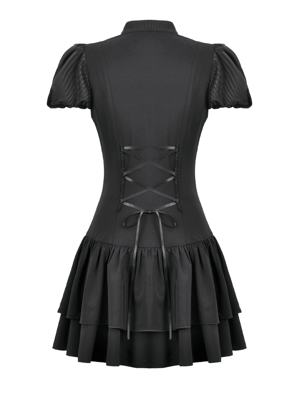 Black Lace Ruffled Gothic Dress with Puff Sleeves and Bow