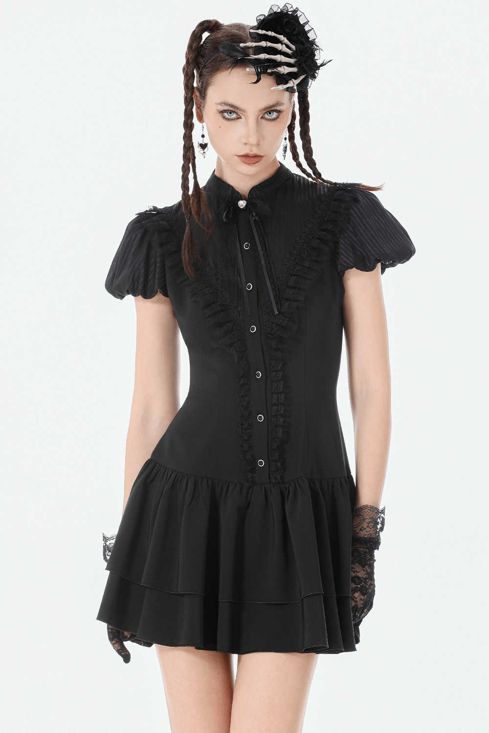 Black Lace Ruffled Gothic Dress with Puff Sleeves and Bow