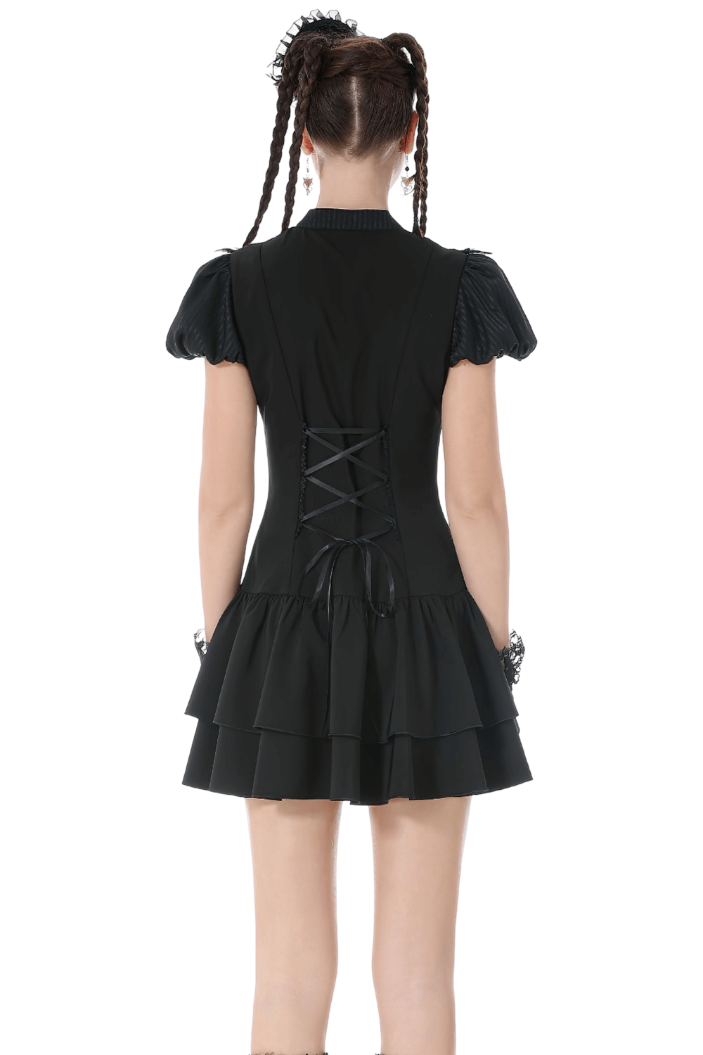 Black Lace Ruffled Gothic Dress with Puff Sleeves and Bow