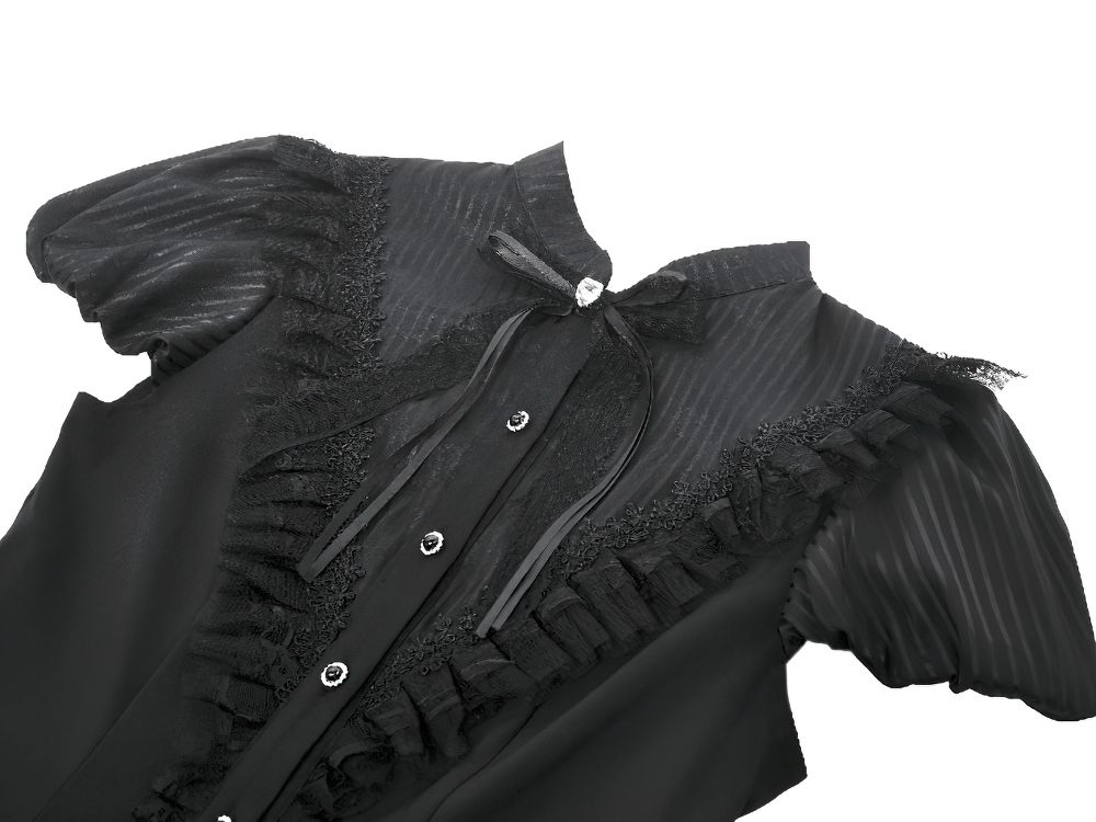 Black Lace Ruffled Gothic Dress with Puff Sleeves and Bow