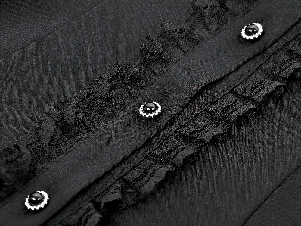 Black Lace Ruffled Gothic Dress with Puff Sleeves and Bow