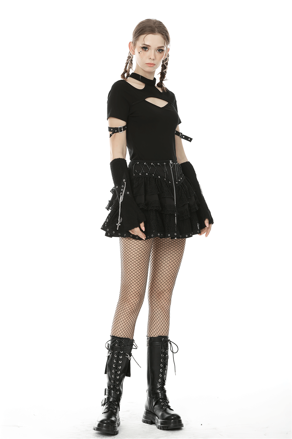 Black Lace Ruffled Skirt with Adjustable Lacing and Zip