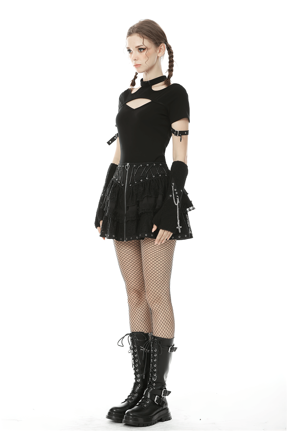 Black Lace Ruffled Skirt with Adjustable Lacing and Zip