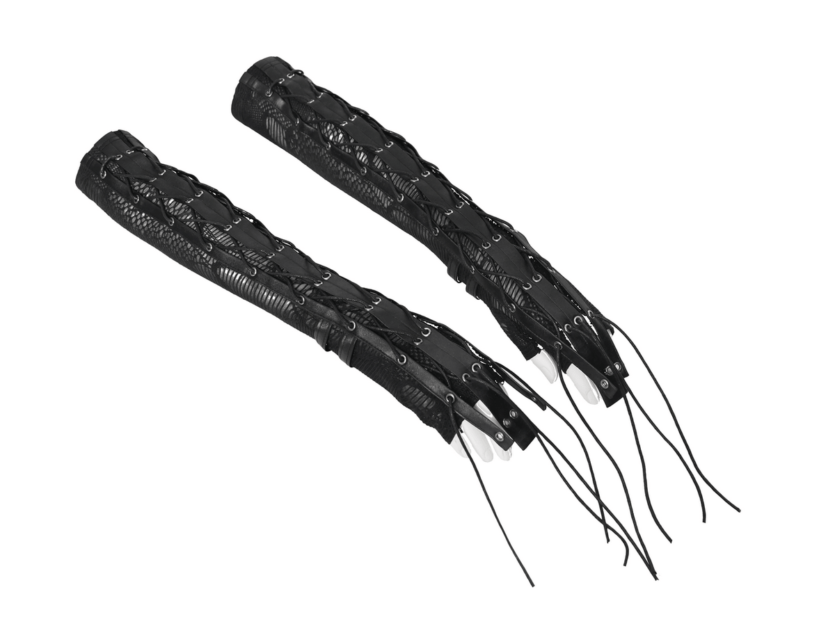 Black Lace-Up Gothic Arm Warmers with Mesh Panels