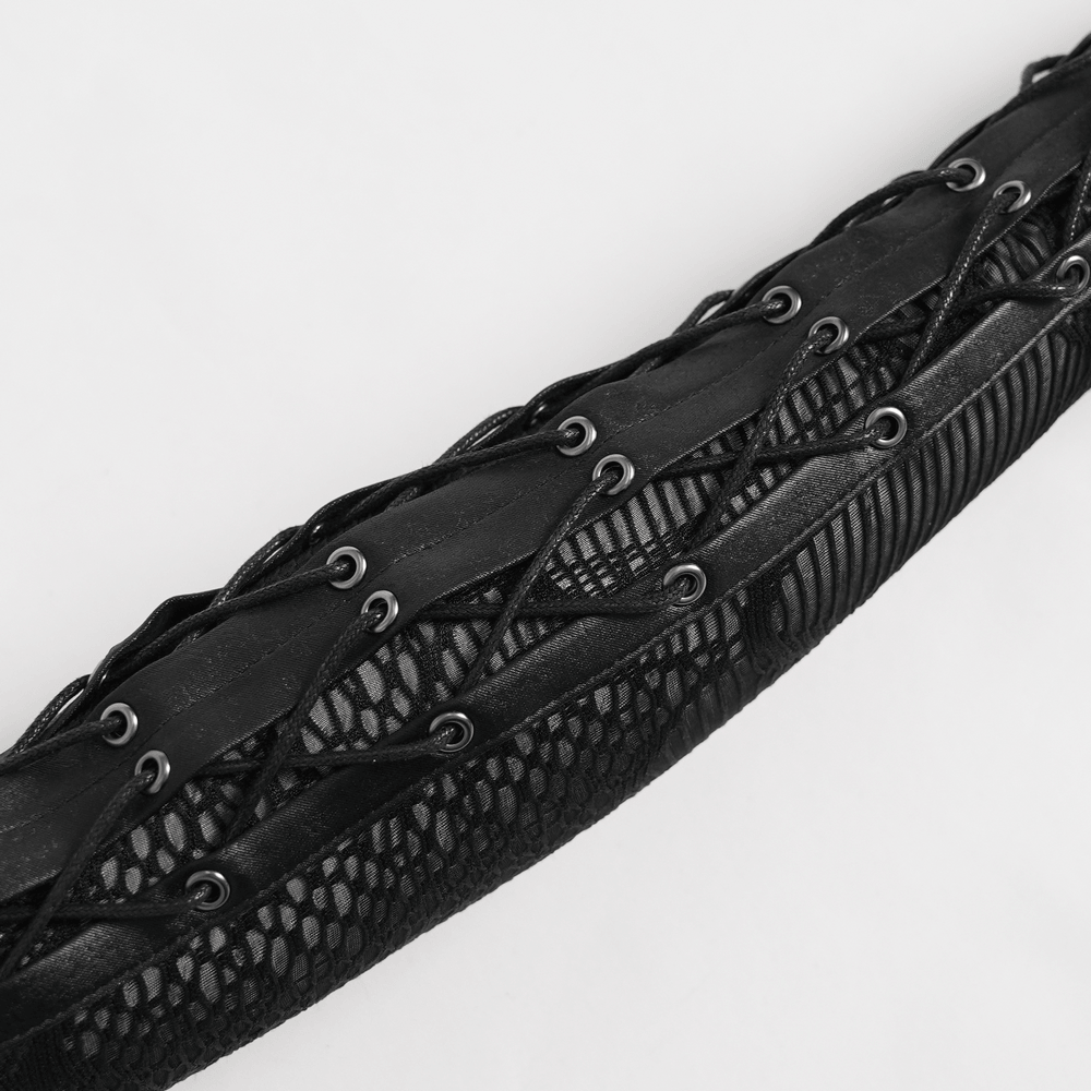 Black Lace-Up Gothic Arm Warmers with Mesh Panels