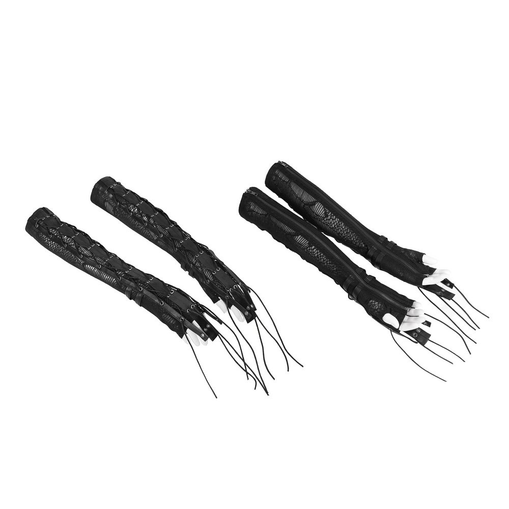 Black Lace-Up Gothic Arm Warmers with Mesh Panels