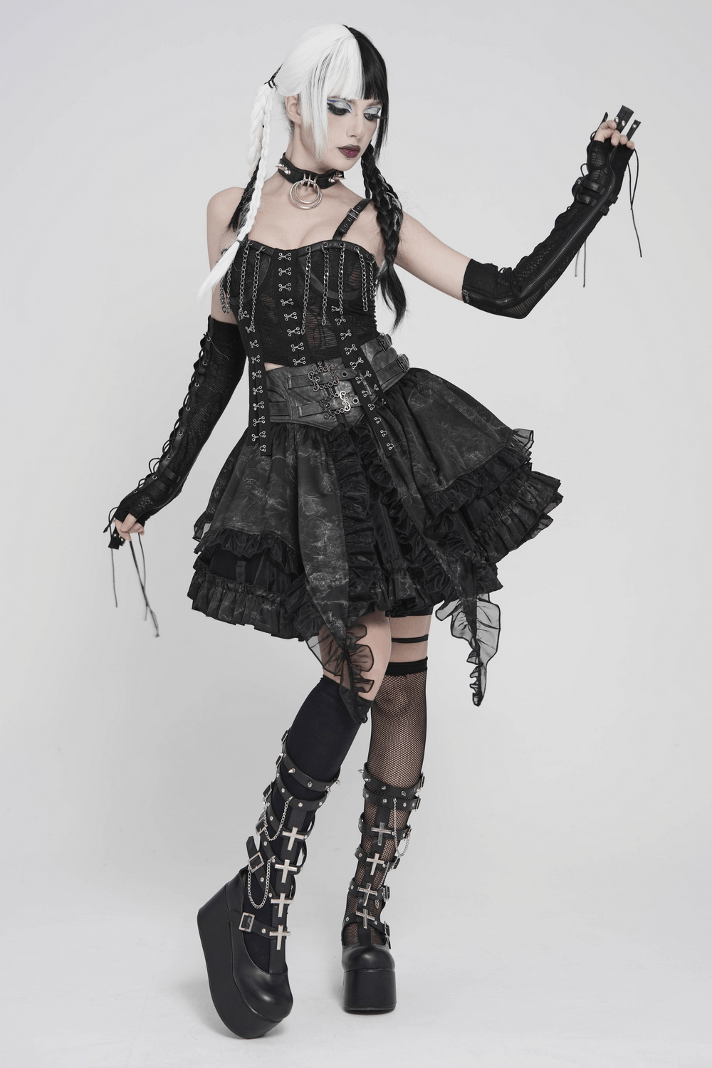 Black Lace-Up Gothic Arm Warmers with Mesh Panels