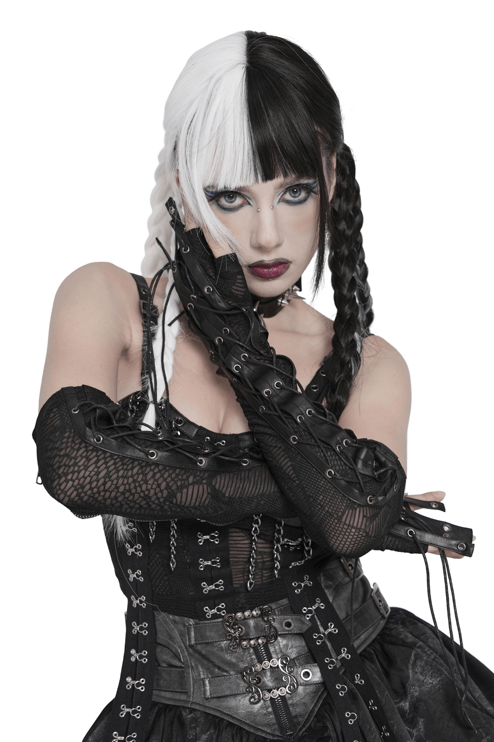 Black Lace-Up Gothic Arm Warmers with Mesh Panels