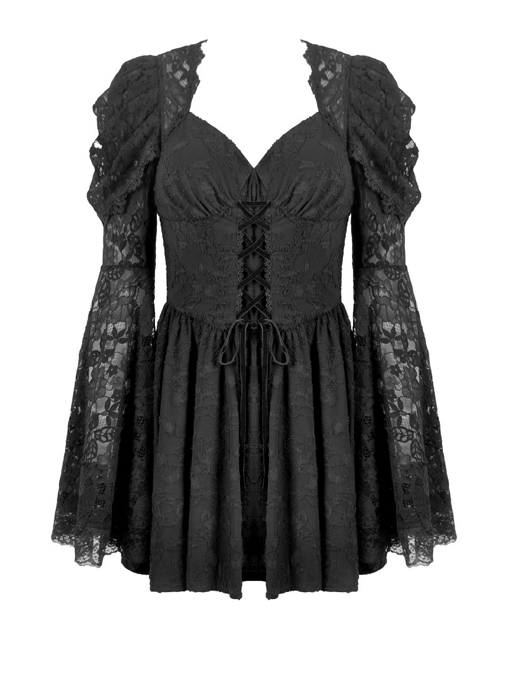 Black Lace-Up Gothic Mini Dress with Bell Sleeves