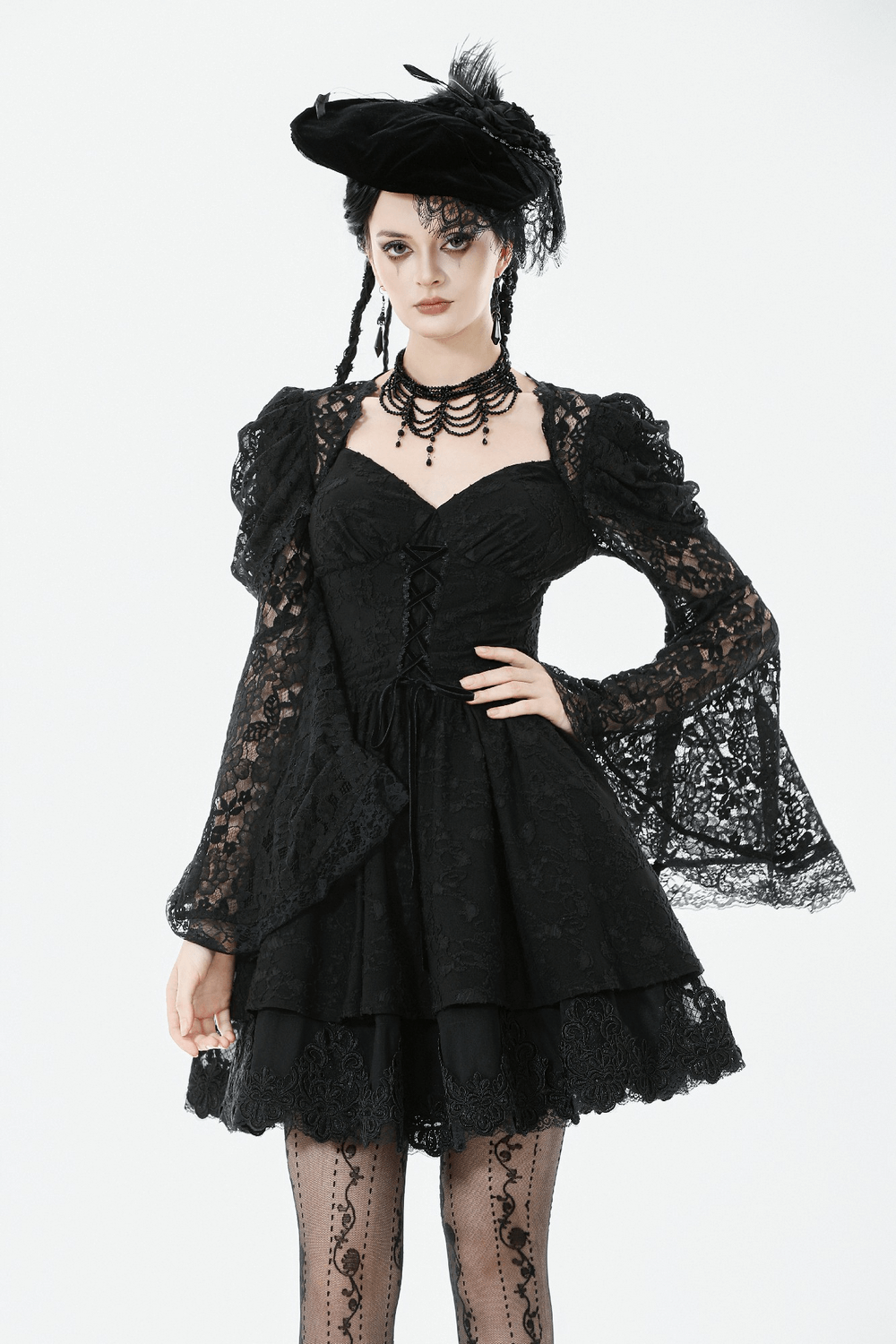 Black Lace-Up Gothic Mini Dress with Bell Sleeves