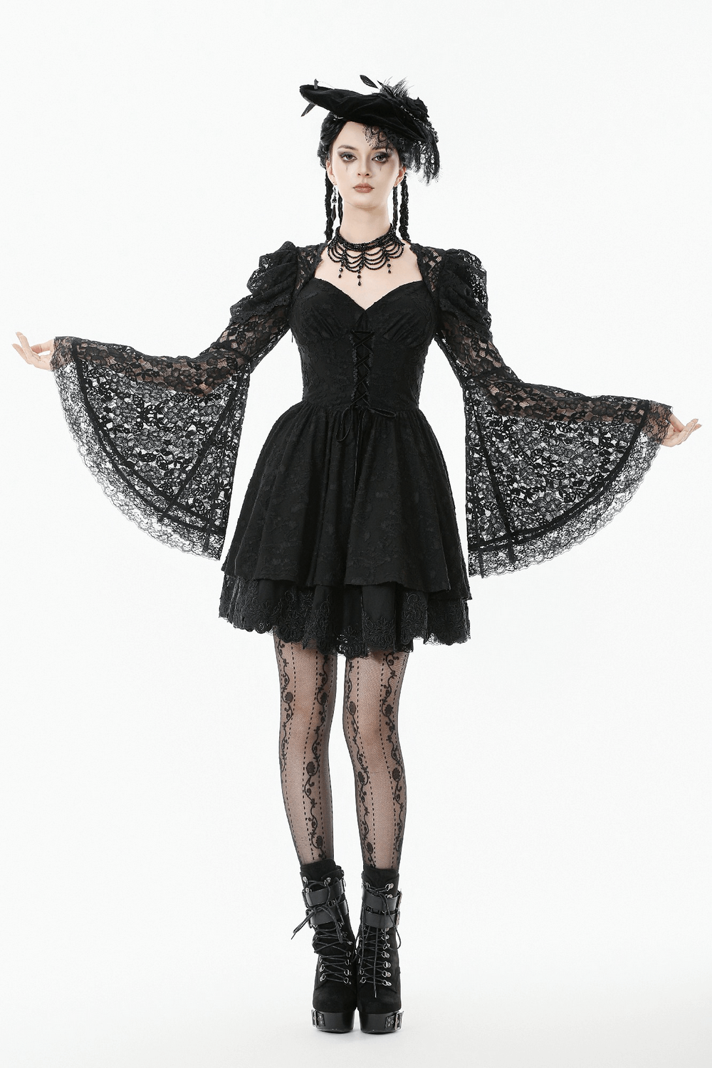 Black Lace-Up Gothic Mini Dress with Bell Sleeves