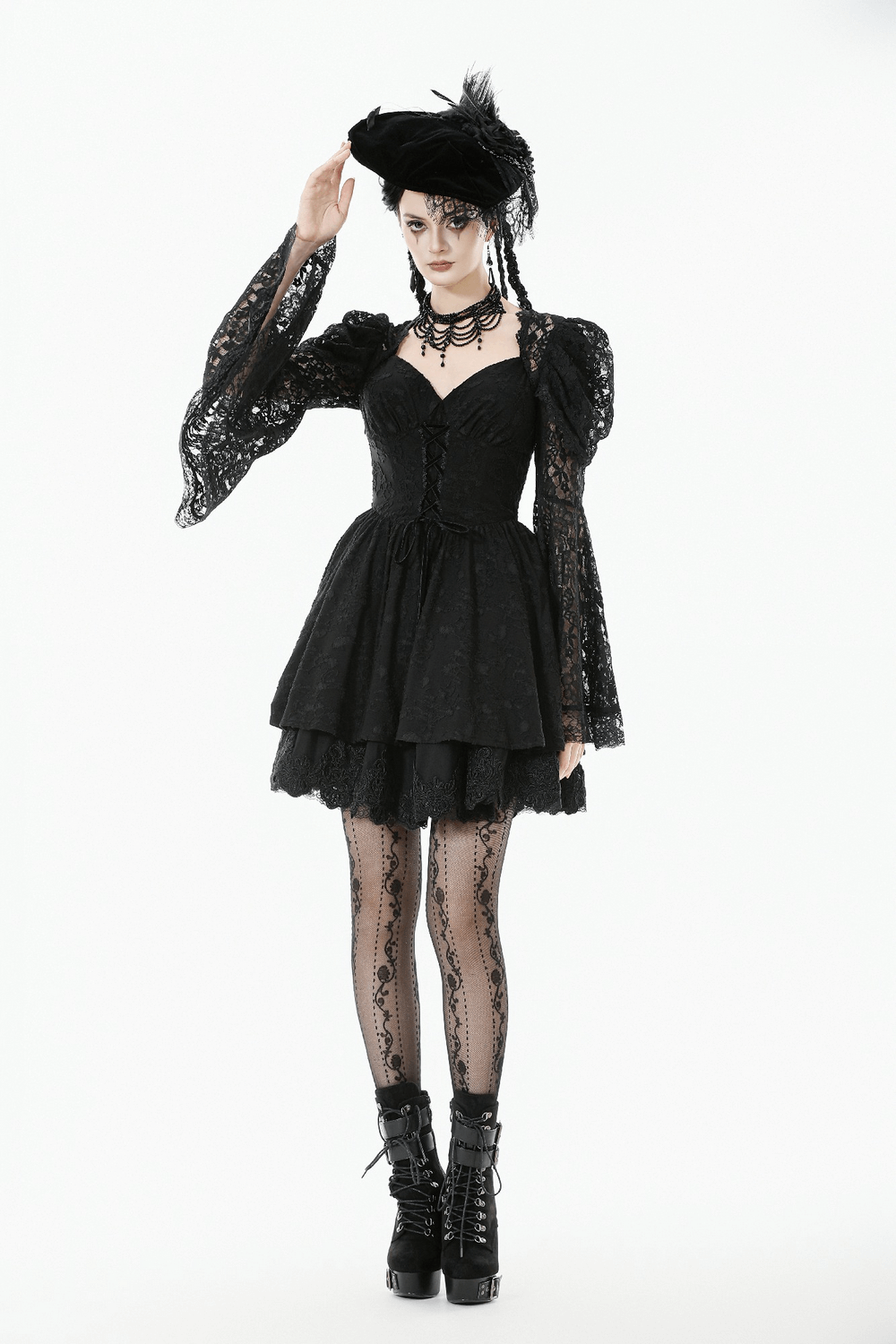 Black Lace-Up Gothic Mini Dress with Bell Sleeves