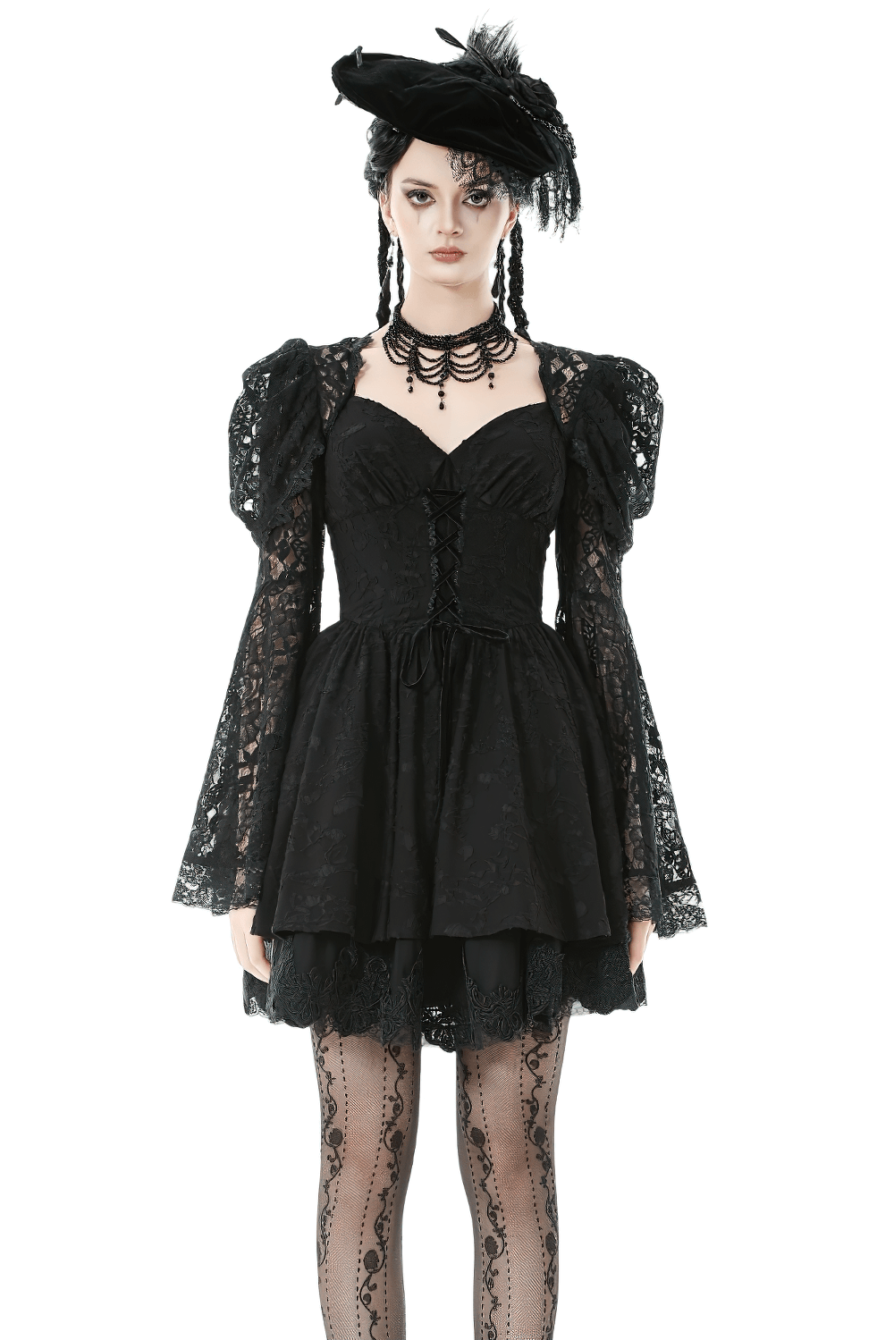 Black Lace-Up Gothic Mini Dress with Bell Sleeves