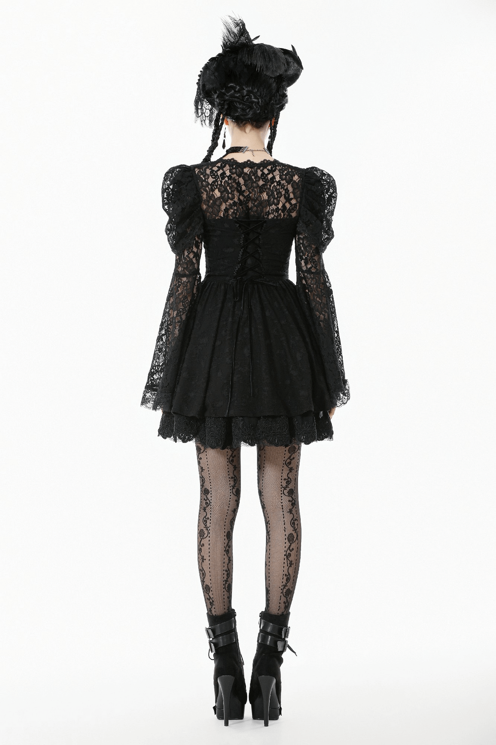 Black Lace-Up Gothic Mini Dress with Bell Sleeves
