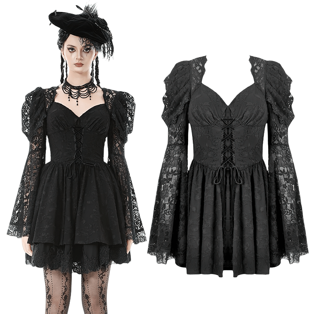 Black Lace-Up Gothic Mini Dress with Bell Sleeves