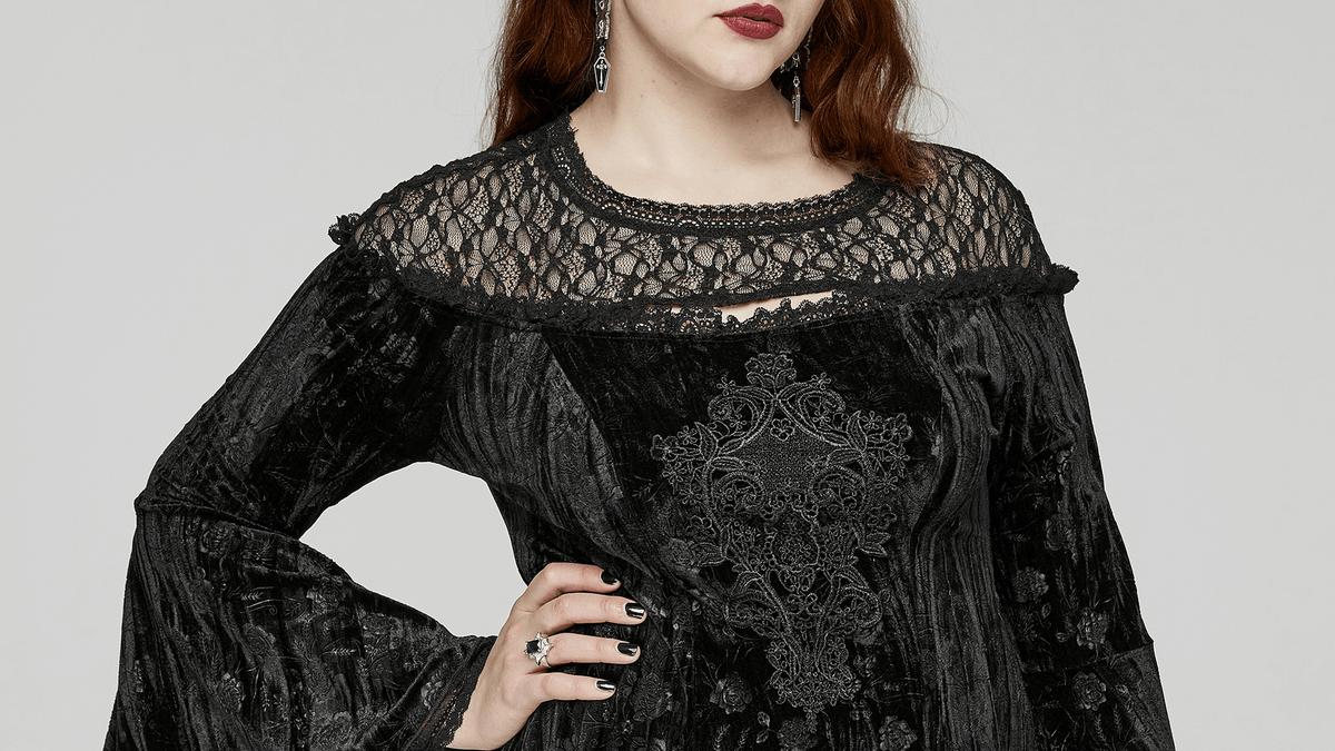 Black Lace Velvet Roses Dress - Gothic Elegance