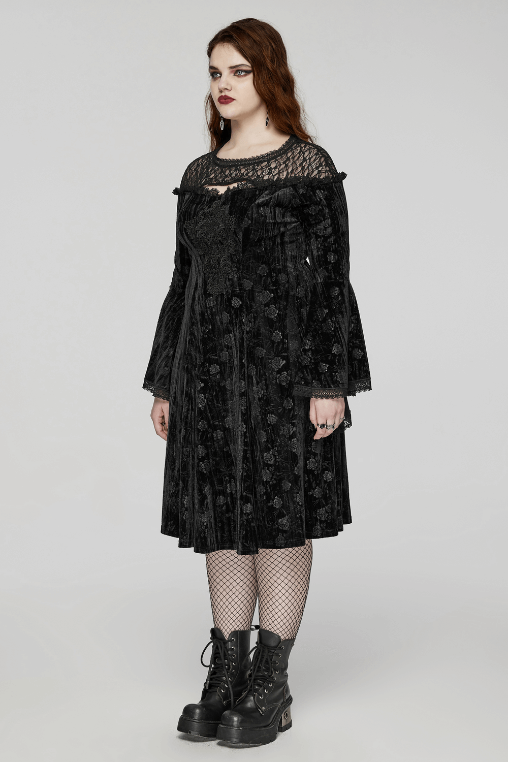 Black Lace Velvet Roses Dress - Gothic Elegance