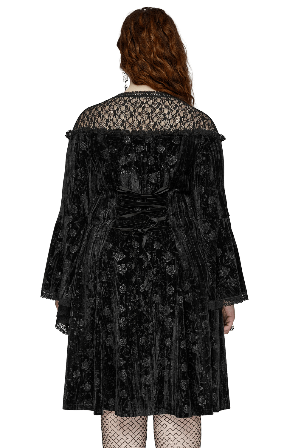Black Lace Velvet Roses Dress - Gothic Elegance