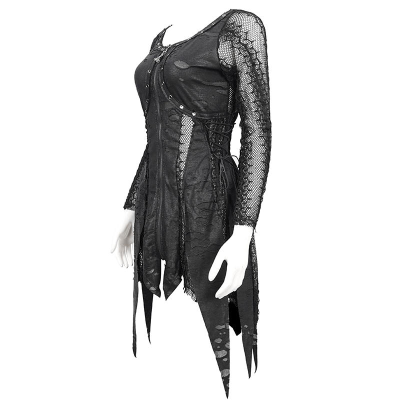 Black Net Splicing Irregular Short Dress / Gothic Women's Zipper Pull Front Dress