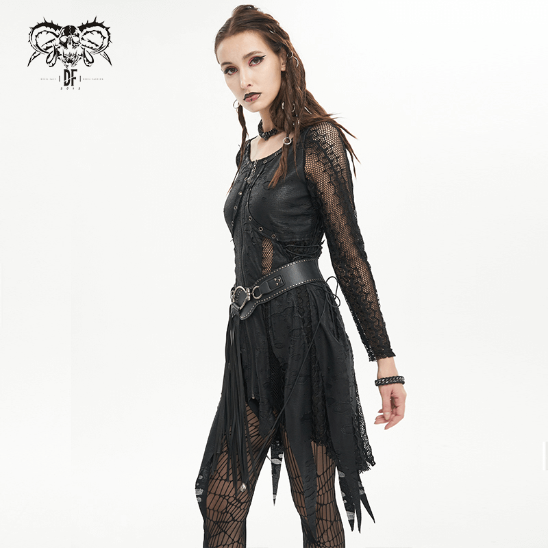 Black Net Splicing Irregular Short Dress / Gothic Women's Zipper Pull Front Dress
