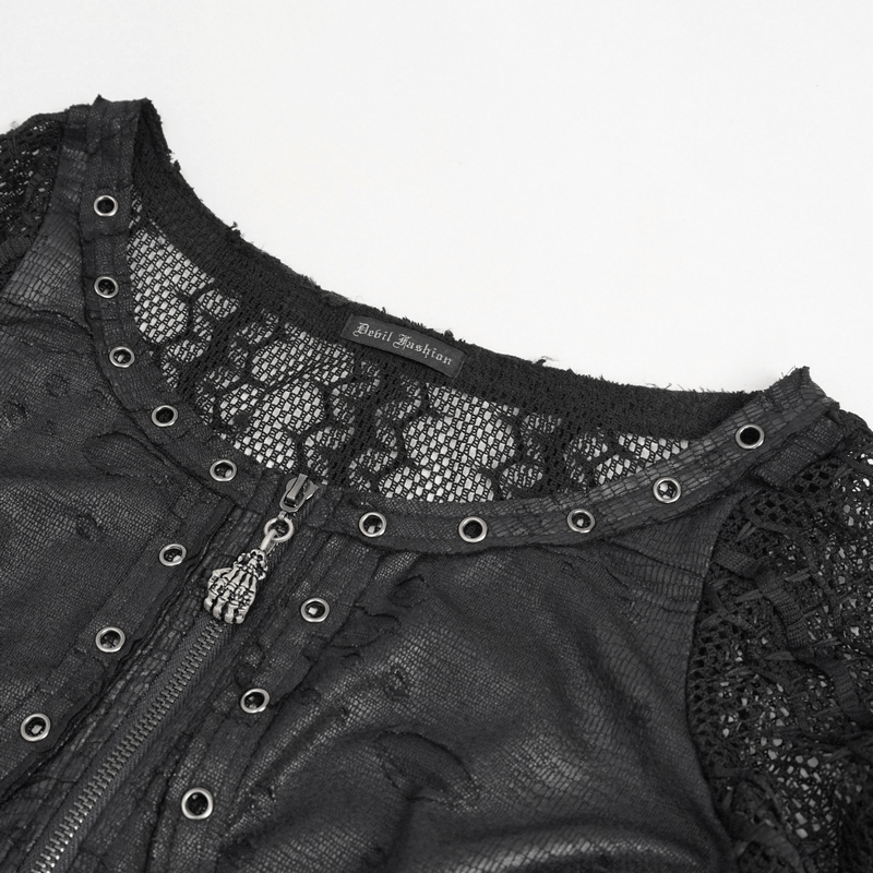 Black Net Splicing Irregular Short Dress / Gothic Women's Zipper Pull Front Dress