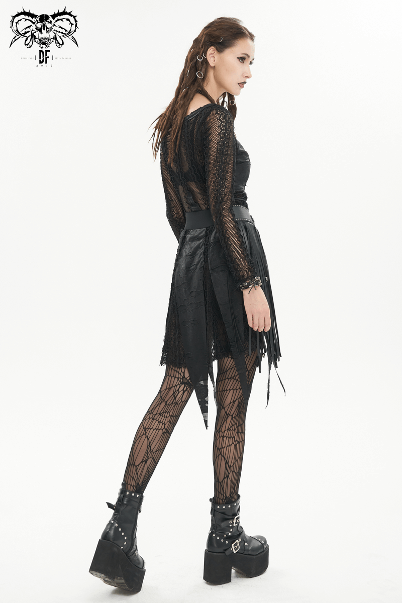 Black Net Splicing Irregular Short Dress / Gothic Women's Zipper Pull Front Dress