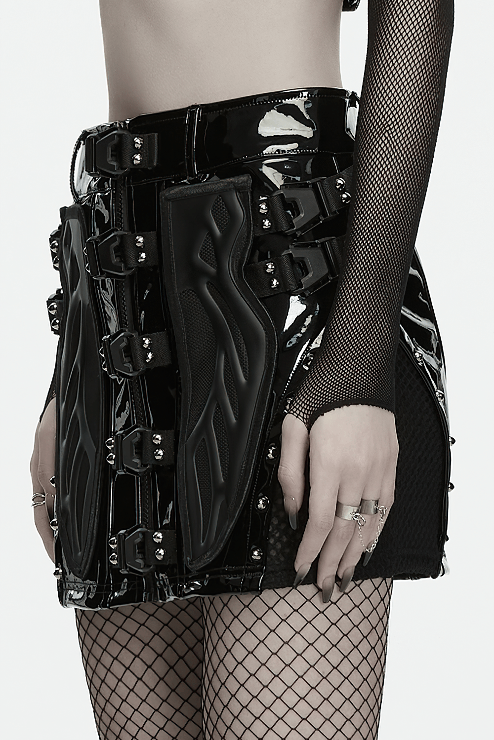Black Patent Leather Techwear Mini Skirt with Buckles