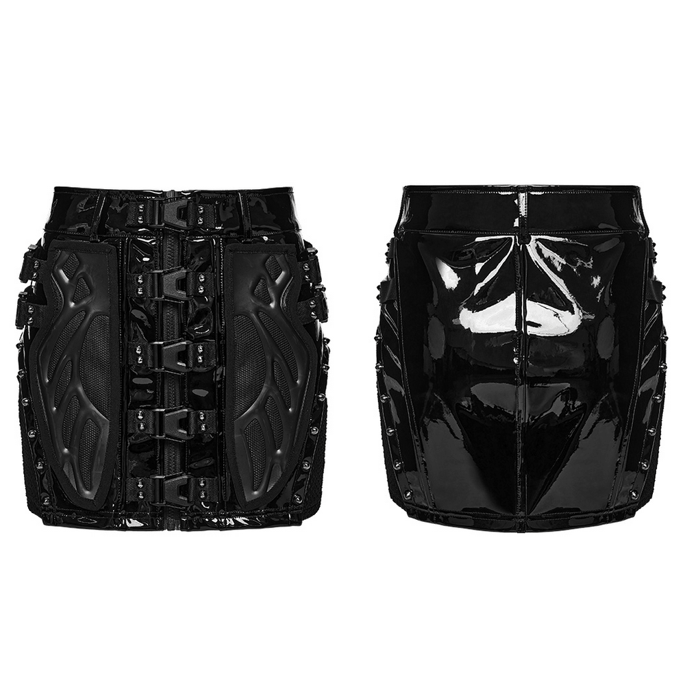 Black Patent Leather Techwear Mini Skirt with Buckles