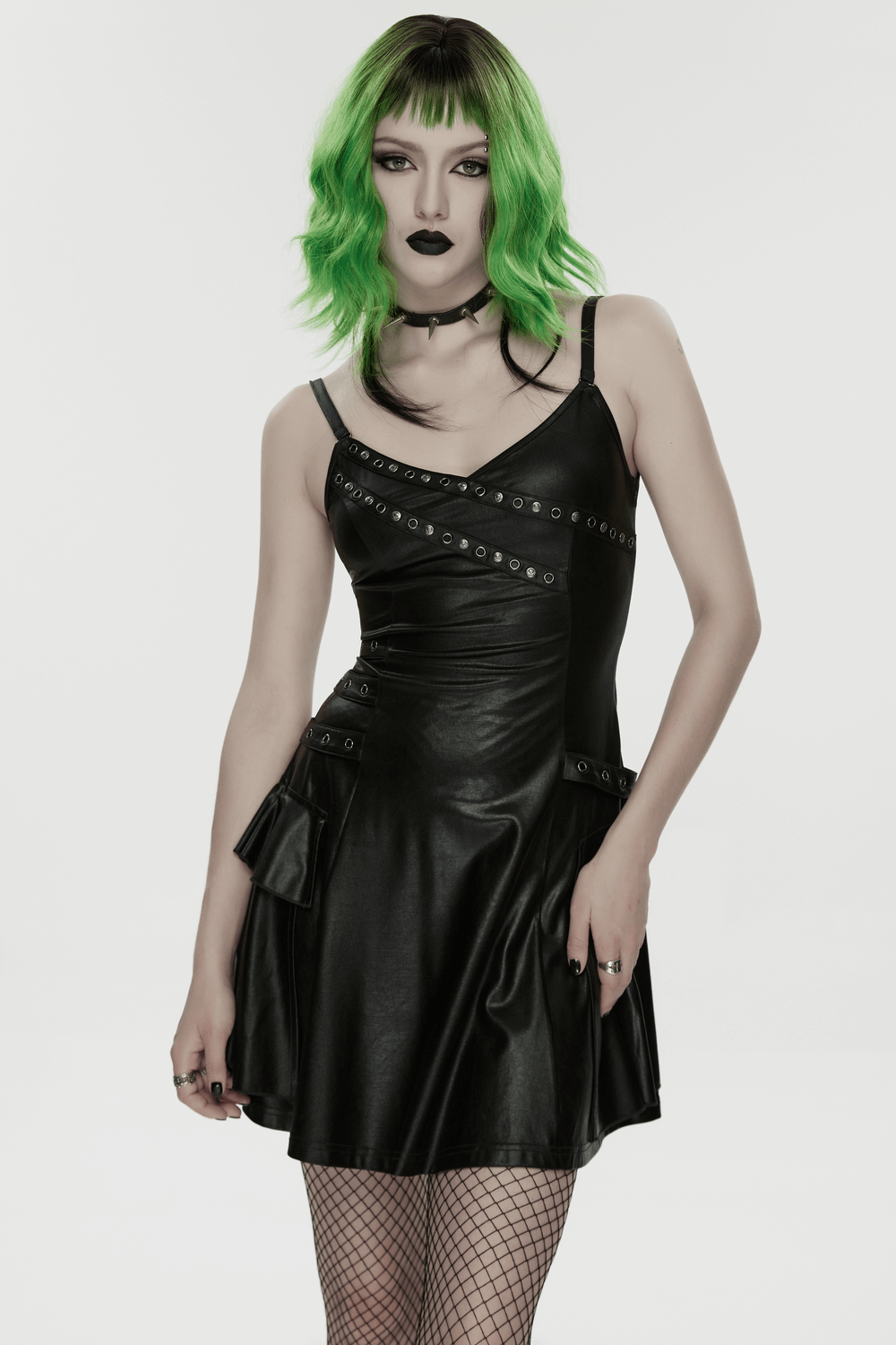 Black Punk A-Line Slip Dress with Rivets and Lace-Up Back