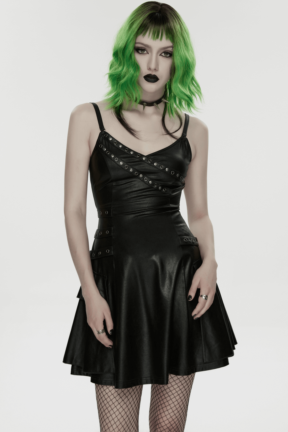 Black Punk A-Line Slip Dress with Rivets and Lace-Up Back
