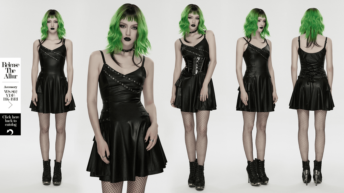 US SALE of k Punk A-Line Slip Dress with Rivets and Lace-Up Back