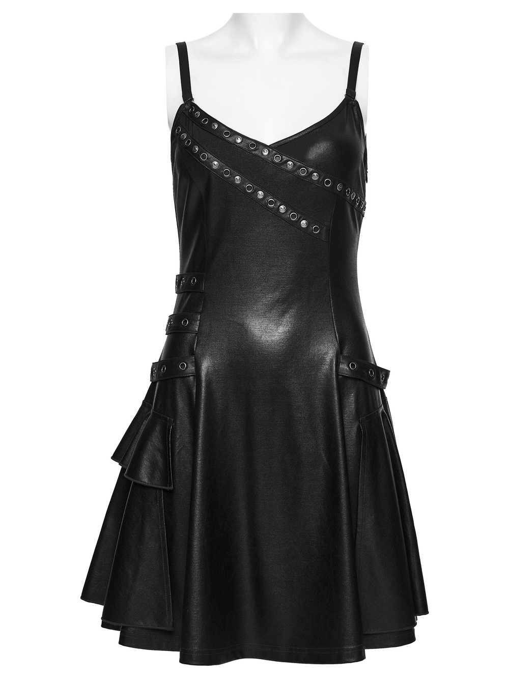 Black Punk A-Line Slip Dress with Rivets and Lace-Up Back