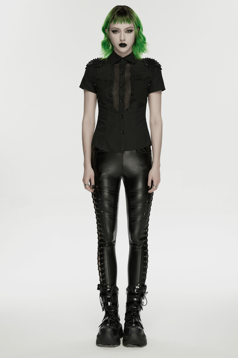 Black Punk Faux Leather Leggings with Side Drawstrings