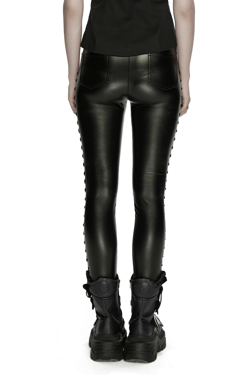 Black Punk Faux Leather Leggings with Side Drawstrings