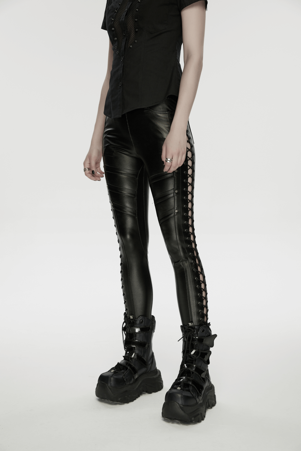 Black Punk Faux Leather Leggings with Side Drawstrings